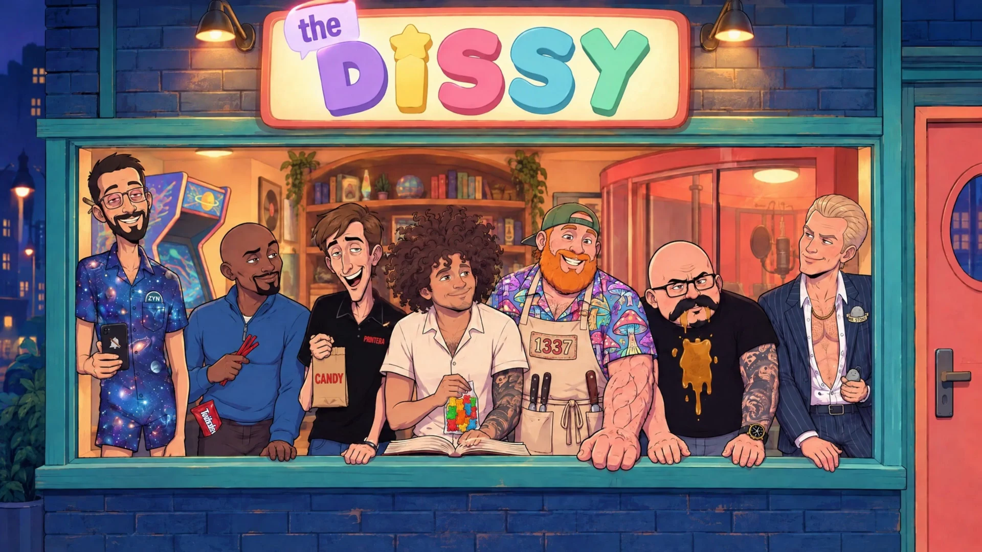 The seven Dissy friends gather at the open window of their colorful late-night clubhouse